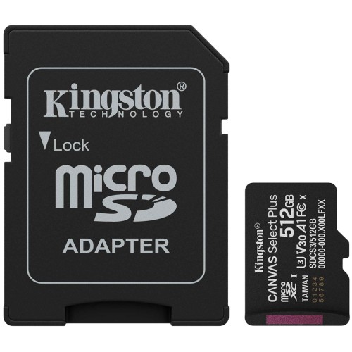 Галерия: MicroSDXC карта памет Kingston 512GB Canvas Select Plus Gen3 + адаптер снимка 1 - TS-Computers.bg MicroSDXC карта памет Kingston 512GB Canvas Select Plus Gen3 + адаптер детайлна снимка 1